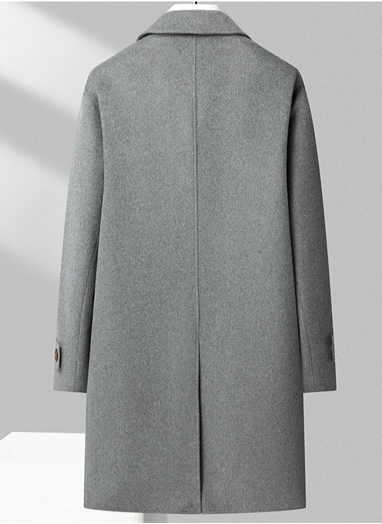 Men's Double-Sided Woolen Casual Coat With Thickened Lining Long Jacket Overcoat With Pockets Grey