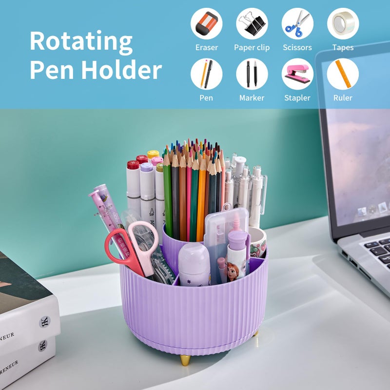 Marbrasse Desk Organizer, 360-Degree Rotating Pen Holder, Desk Organizers and Accessories with 5 Compartments Pencil Holder, Art Supply Storage Box Caddy for Office, Homeï¼ˆPurpleï¼‰ - Image 2