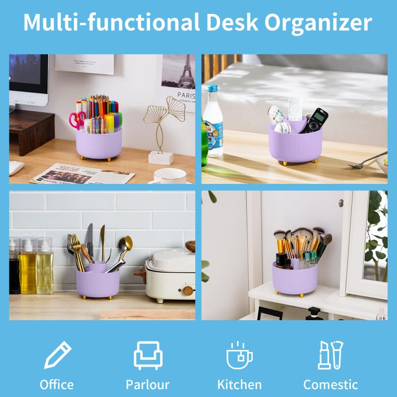 Marbrasse Desk Organizer, 360-Degree Rotating Pen Holder, Desk Organizers and Accessories with 5 Compartments Pencil Holder, Art Supply Storage Box Caddy for Office, Homeï¼ˆPurpleï¼‰ - Image 3