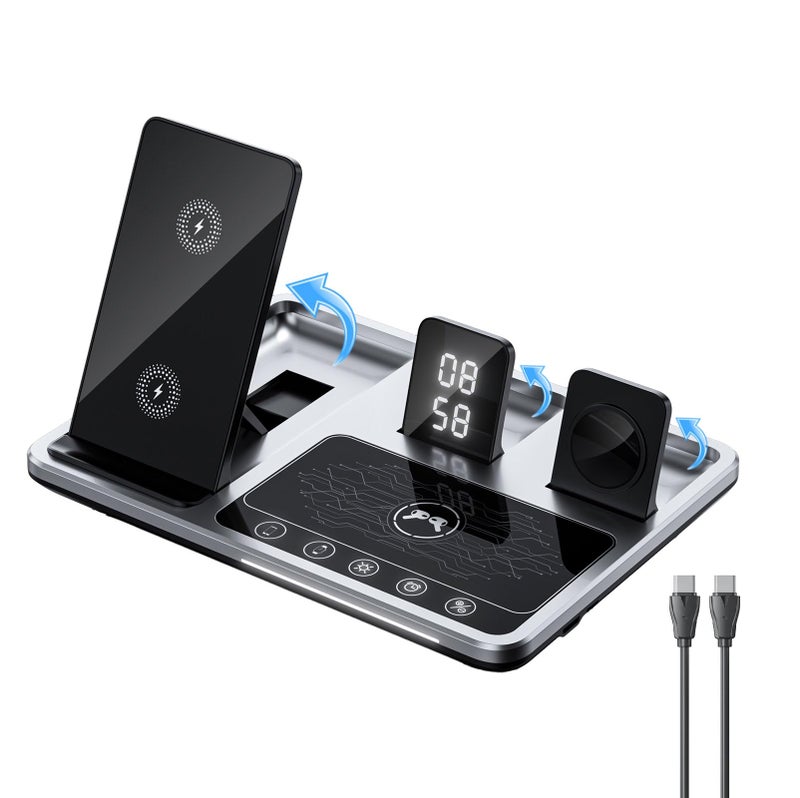 T Teclusive Luxury Automatic 3 in 1 Fast Wireless Charger Compatible for iPhone Airpod iWatch with Type C | Touch Controls with Powered Function | 20w Multi Wireless Charging Station with Clock - Image 1