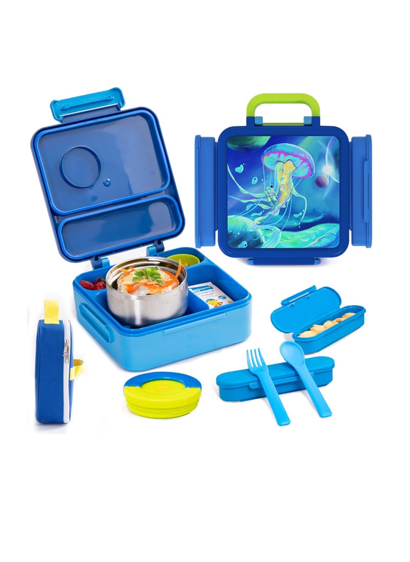 General Bento Box for Kids - Insulated Lunch Box with Thermos for Hot Food, Leak-proof Kids Lunch Box with Cutlery and Snack Box, 4-Compartments Lunch Container for School Outdoors Office (Blue)  - Image 1