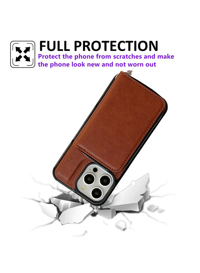 اس-توب جراب لهاتف iPhone 15 Pro Max بلون سادة مع سحاب و11 فتحة للبطاقات وحقيبة هاتف مع حبل - Image 4