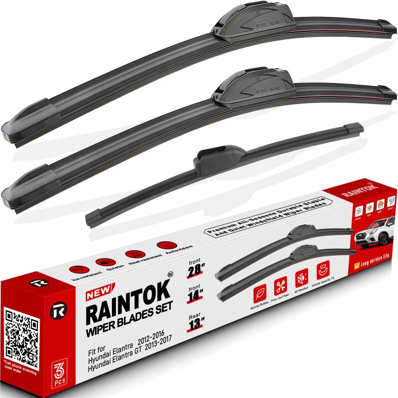 شفاطات الزجاج الأمامي RAINTOK بديل لهيونداي إيلانtra 2012-2016 هيونداي إيلانtra GT 2013-2017 مجموعة شفرات المساحات الأمامية والخلفية بجودة المصنع الأصلية لسيارتي 28 14 13 عبوة من 3