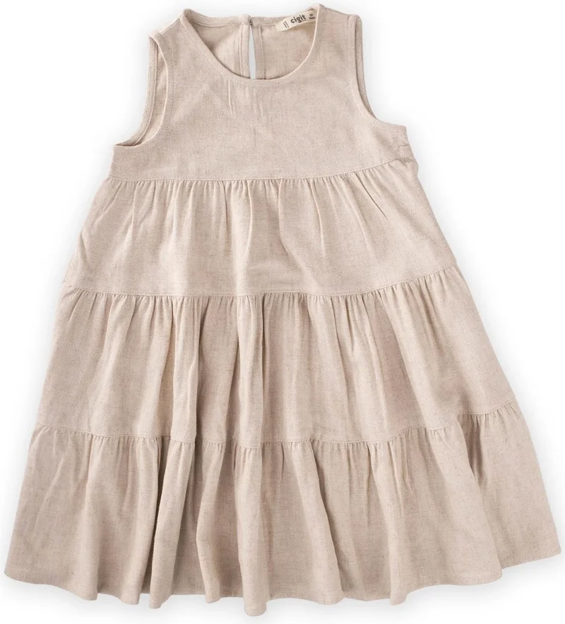 Cigit Pleated Layered Linen Dress Natural