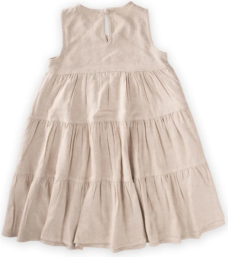 Cigit Pleated Layered Linen Dress Natural