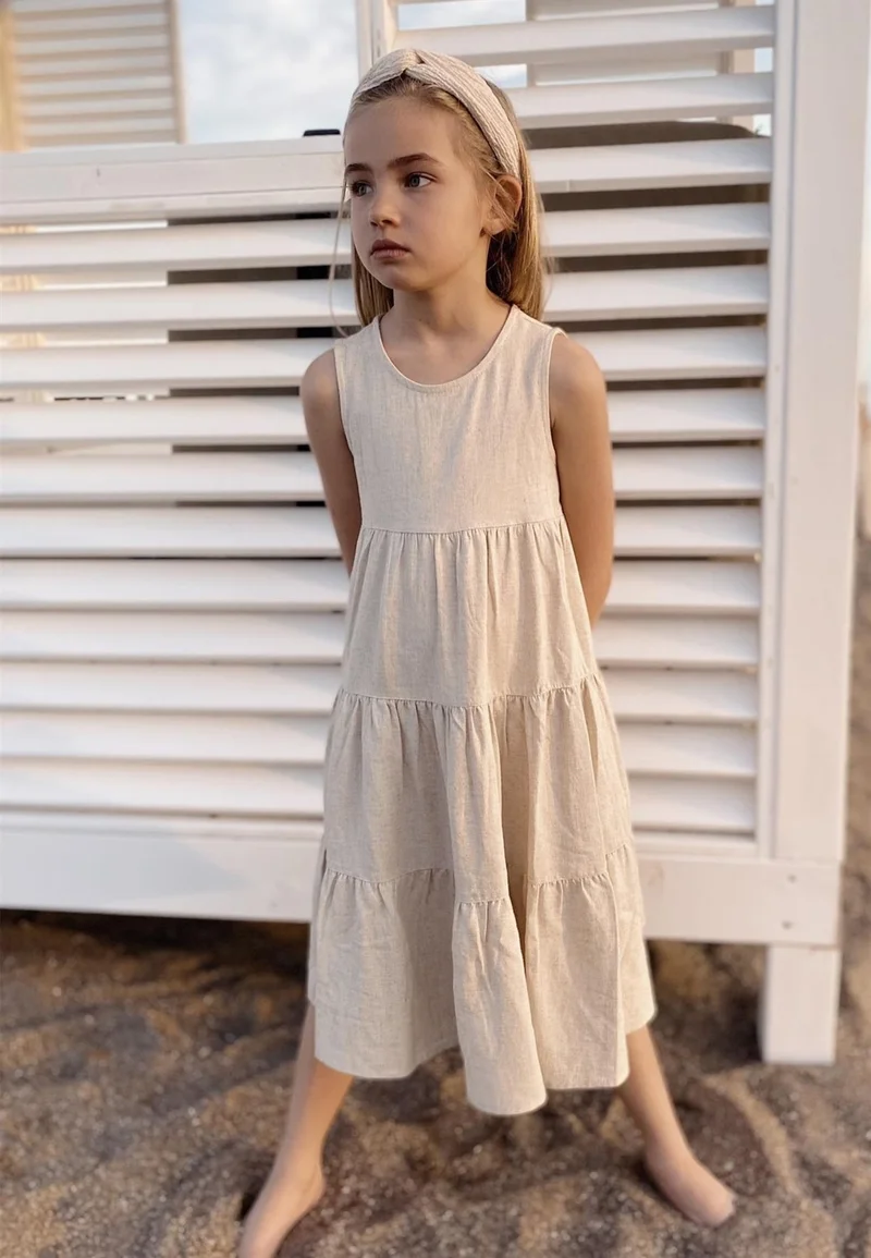Cigit Pleated Layered Linen Dress Natural