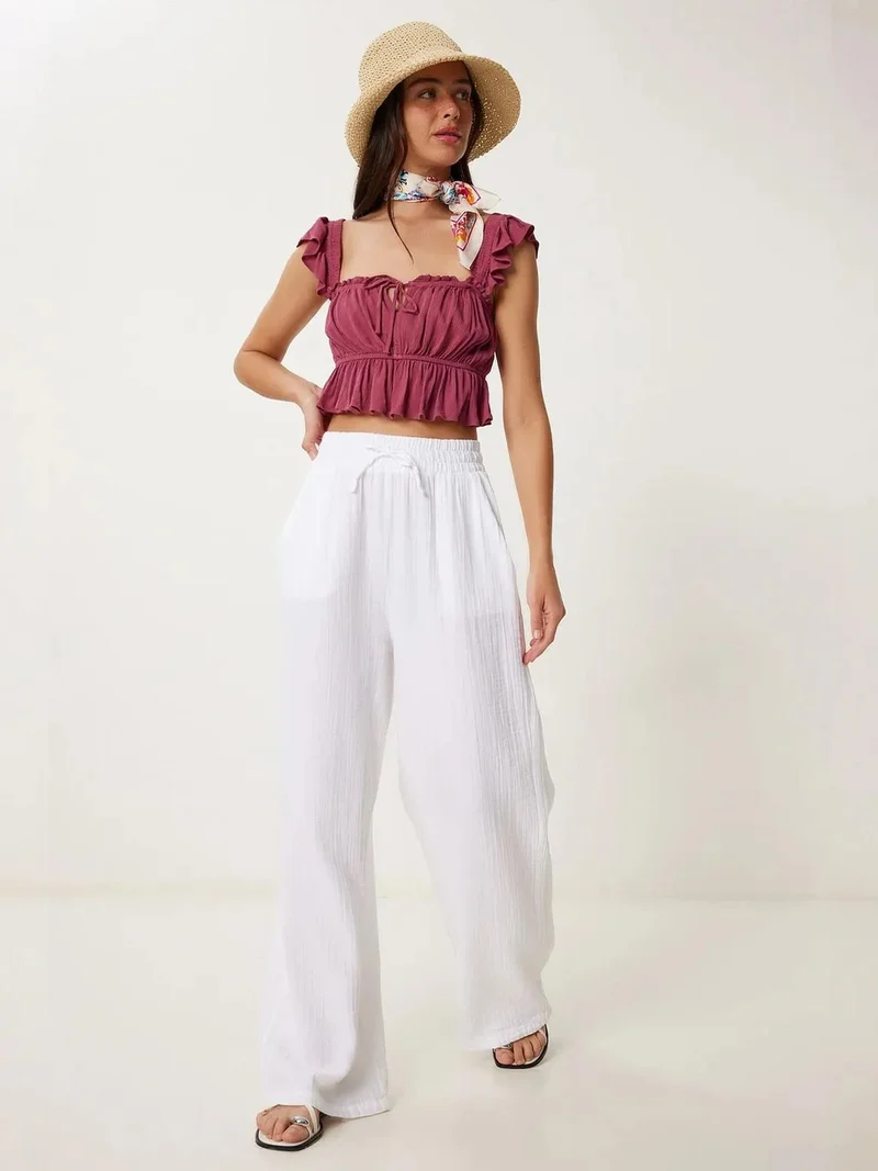 السعادة في إسطنبول ISTANBUL Wide Leg Drawstring Waist Pants with Binding Detail