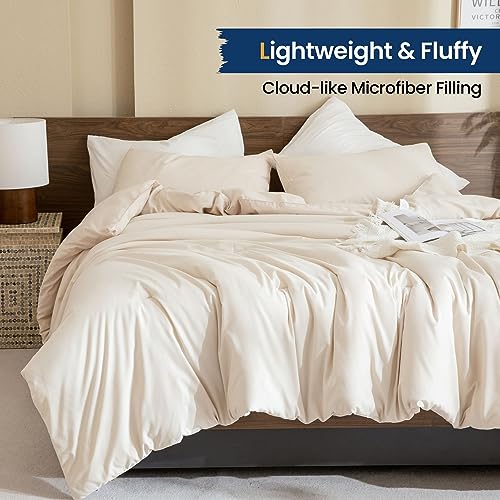 Paxrac Beige Comforter Set Full Size, Cream3 Pieces Comforter Set, Lightweight Solid Neutral Bedding Set, All Seasons Soft Breathable Boho Full Comforter Set (80x90In Comforter & 2 Pillowcases) - Image 3