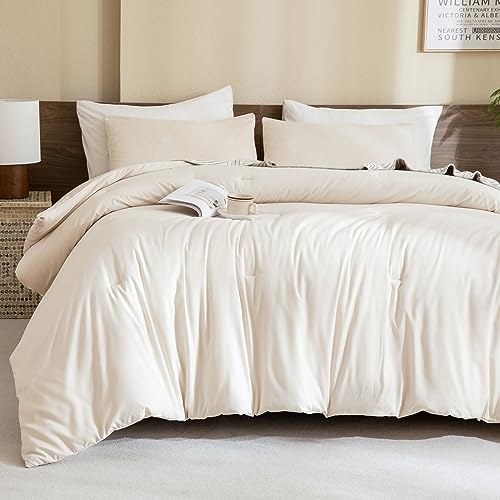 Paxrac Beige Comforter Set Full Size, Cream3 Pieces Comforter Set, Lightweight Solid Neutral Bedding Set, All Seasons Soft Breathable Boho Full Comforter Set (80x90In Comforter & 2 Pillowcases) - Image 1