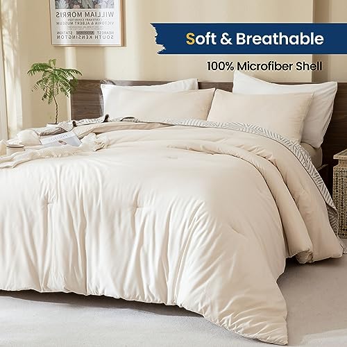 Paxrac Beige Comforter Set Full Size, Cream3 Pieces Comforter Set, Lightweight Solid Neutral Bedding Set, All Seasons Soft Breathable Boho Full Comforter Set (80x90In Comforter & 2 Pillowcases) - Image 2