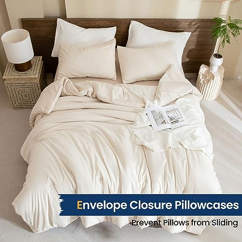 Paxrac Beige Comforter Set Full Size, Cream3 Pieces Comforter Set, Lightweight Solid Neutral Bedding Set, All Seasons Soft Breathable Boho Full Comforter Set (80x90In Comforter & 2 Pillowcases) - Image 5