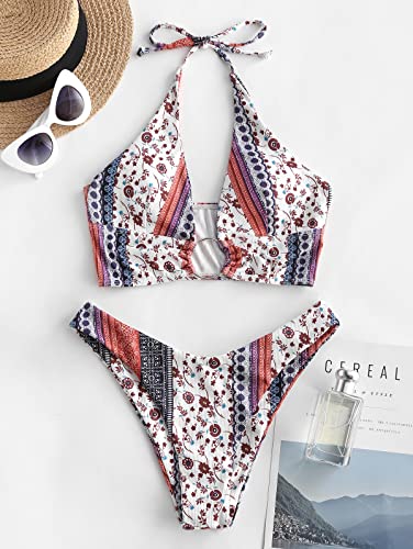 ZAFUL مجموعة بيكيني زافول بحلقة O للنساء، ملابس سباحة عالية القص، بدلة استحمام عصرية من قطعتين، بيضاء، M - Image 4