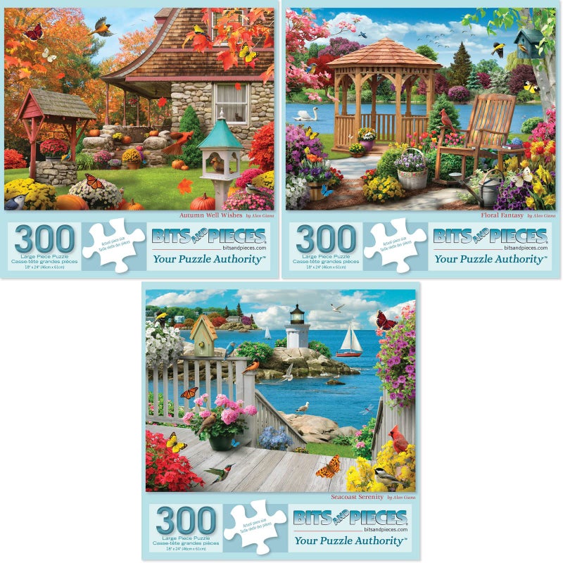 Bits and Pieces Value Set of Three 300 Piece Jigsaw Puzzles for Adults Autumn Well Wishes Seacost Serenity Floral Fantasy Jigsaw Puzzles by Artist Alan Giana Completed Puzzle Size 18 x 24 - Image 3