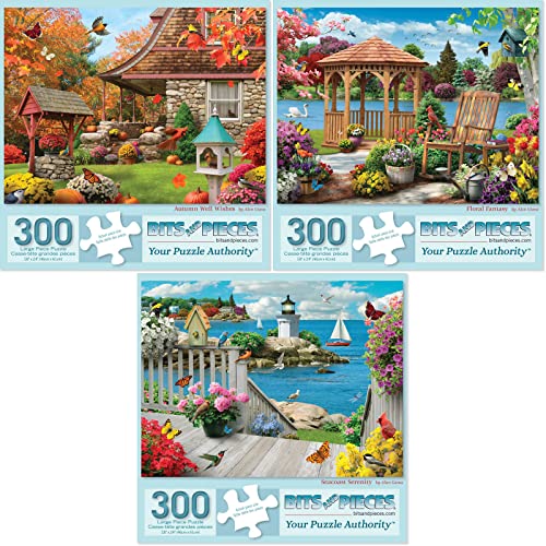 Bits and Pieces Value Set of Three 300 Piece Jigsaw Puzzles for Adults Autumn Well Wishes Seacost Serenity Floral Fantasy Jigsaw Puzzles by Artist Alan Giana Completed Puzzle Size 18 x 24 - Image 1