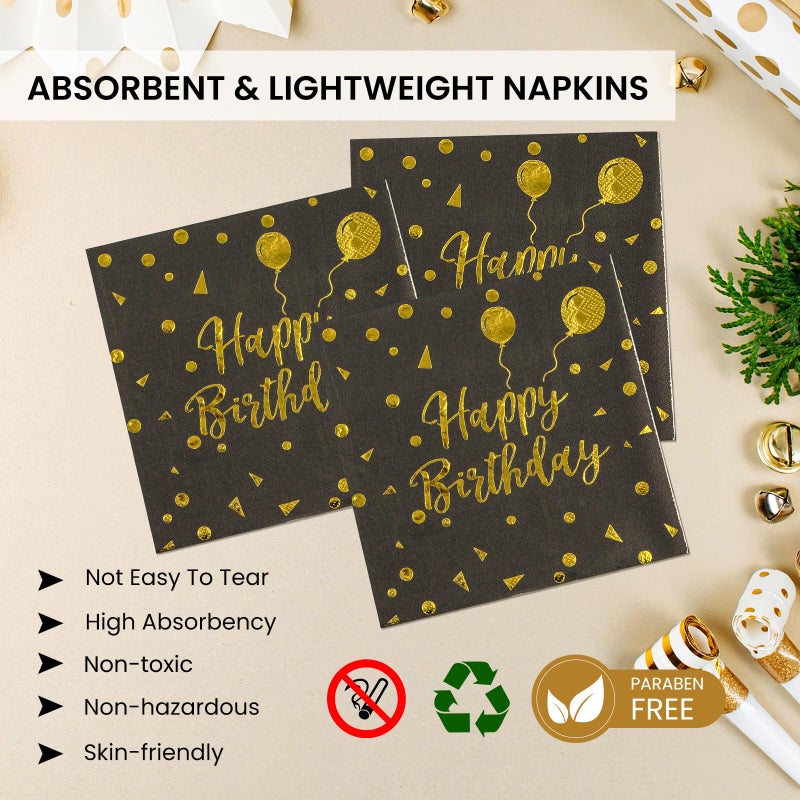 PUEVENYI 75PCS Happy Birthday Paper Plates - 7 Inch Black Gold Dot Paper Plates and 6.5 Inch Napkins with 6.3 Inch Gold Forks Disposable Tableware Set for Birthday Party Decorations, Serves 25 - Image 4