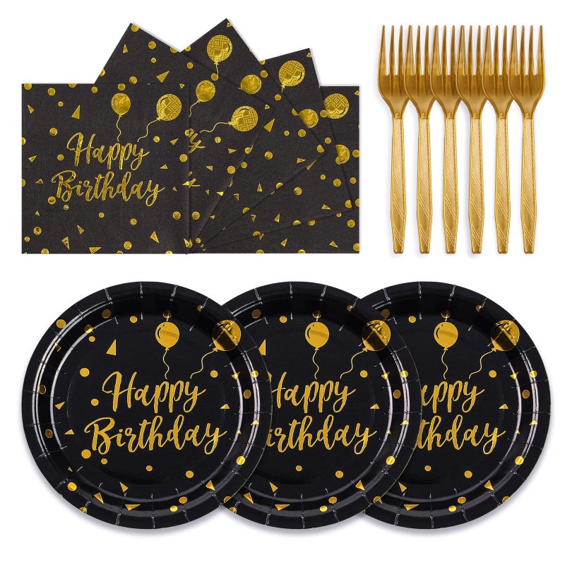 PUEVENYI 75PCS Happy Birthday Paper Plates - 7 Inch Black Gold Dot Paper Plates and 6.5 Inch Napkins with 6.3 Inch Gold Forks Disposable Tableware Set for Birthday Party Decorations, Serves 25 - Image 1