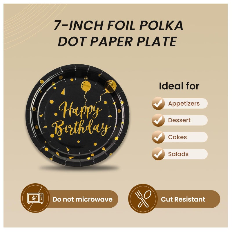 PUEVENYI 75PCS Happy Birthday Paper Plates - 7 Inch Black Gold Dot Paper Plates and 6.5 Inch Napkins with 6.3 Inch Gold Forks Disposable Tableware Set for Birthday Party Decorations, Serves 25 - Image 3