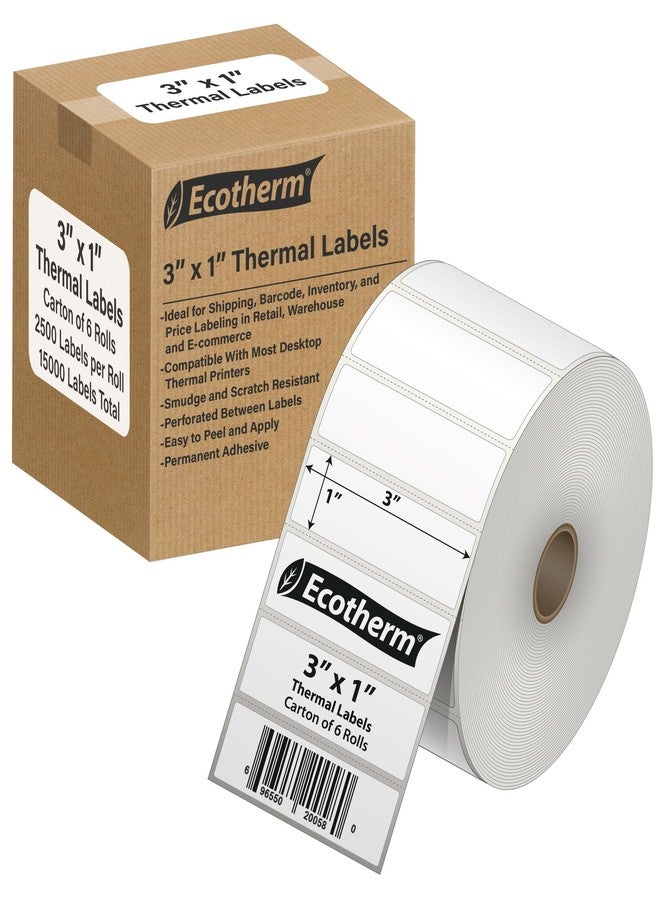 Ecotherm ملصقات حرارية 3 بوصات × 1 بوصة | 6 لفات | 15000 ملصق | متوافقة مع طابعات الملصقات الحرارية من زيبرا، مونبين، رولو، جودكس، أركسكان، آي دي بي آر تي، أوفنوفا وغيرها | ملصقات لاصقة بيضاء فارغة من إيكوثيرم - Image 1
