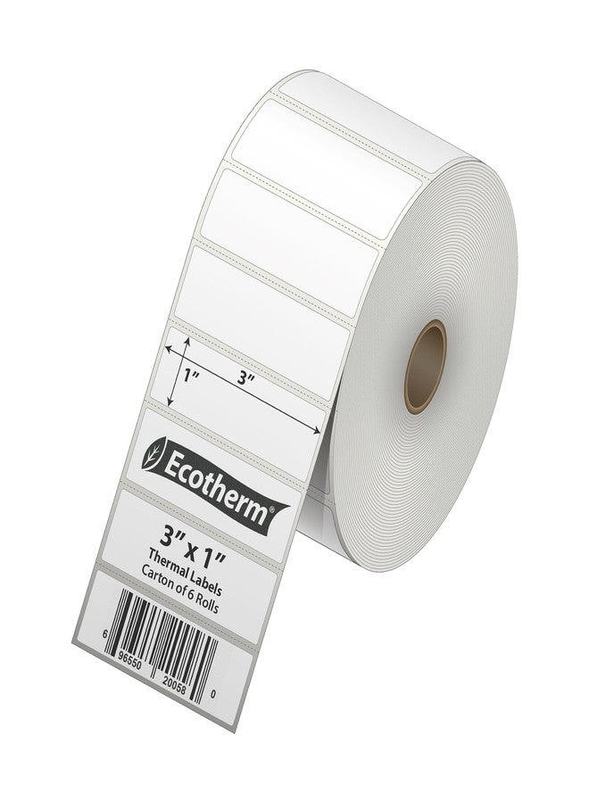 Ecotherm ملصقات حرارية 3 بوصات × 1 بوصة | 6 لفات | 15000 ملصق | متوافقة مع طابعات الملصقات الحرارية من زيبرا، مونبين، رولو، جودكس، أركسكان، آي دي بي آر تي، أوفنوفا وغيرها | ملصقات لاصقة بيضاء فارغة من إيكوثيرم - Image 2