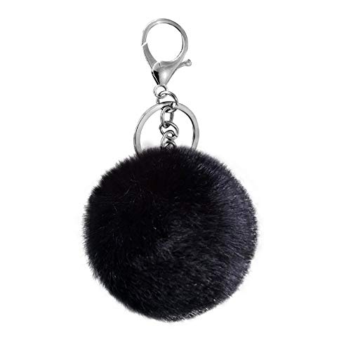 Cityelf Cute Faux Rabbit Fur Ball Pom Pom Keychain Car Key Ring Handbag Tote Bag Pendant Purse Charm (BLACK) - Image 1