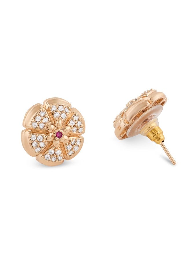 Zaveri Pearls أقراط زافيري بيرلز الوردية الذهبية المرصعة بالزركونيا المكعبة المتلألئة، بتصميم عصري على شكل زهرة، مصنوعة من النحاس الأصفر للنساء - ZPFK22221 - Image 4