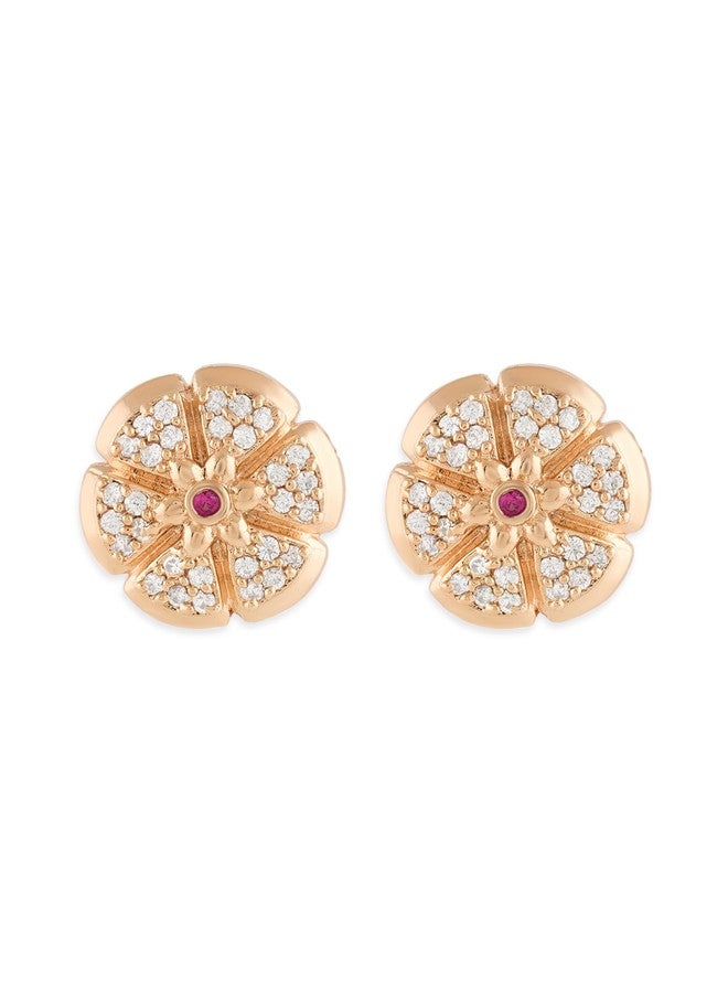 Zaveri Pearls أقراط زافيري بيرلز الوردية الذهبية المرصعة بالزركونيا المكعبة المتلألئة، بتصميم عصري على شكل زهرة، مصنوعة من النحاس الأصفر للنساء - ZPFK22221 - Image 1