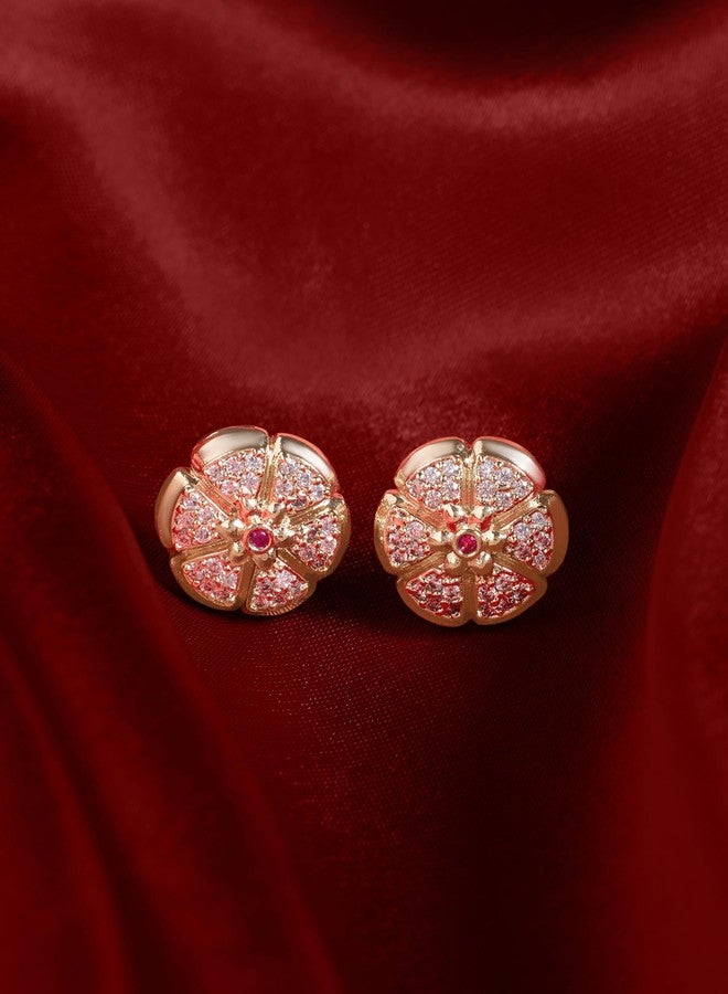 Zaveri Pearls أقراط زافيري بيرلز الوردية الذهبية المرصعة بالزركونيا المكعبة المتلألئة، بتصميم عصري على شكل زهرة، مصنوعة من النحاس الأصفر للنساء - ZPFK22221 - Image 2