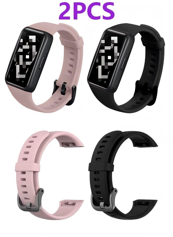 سوار سيليكون بديل (قطعتان) لساعة Huawei Band 6 - أسود/وردي - Image 1