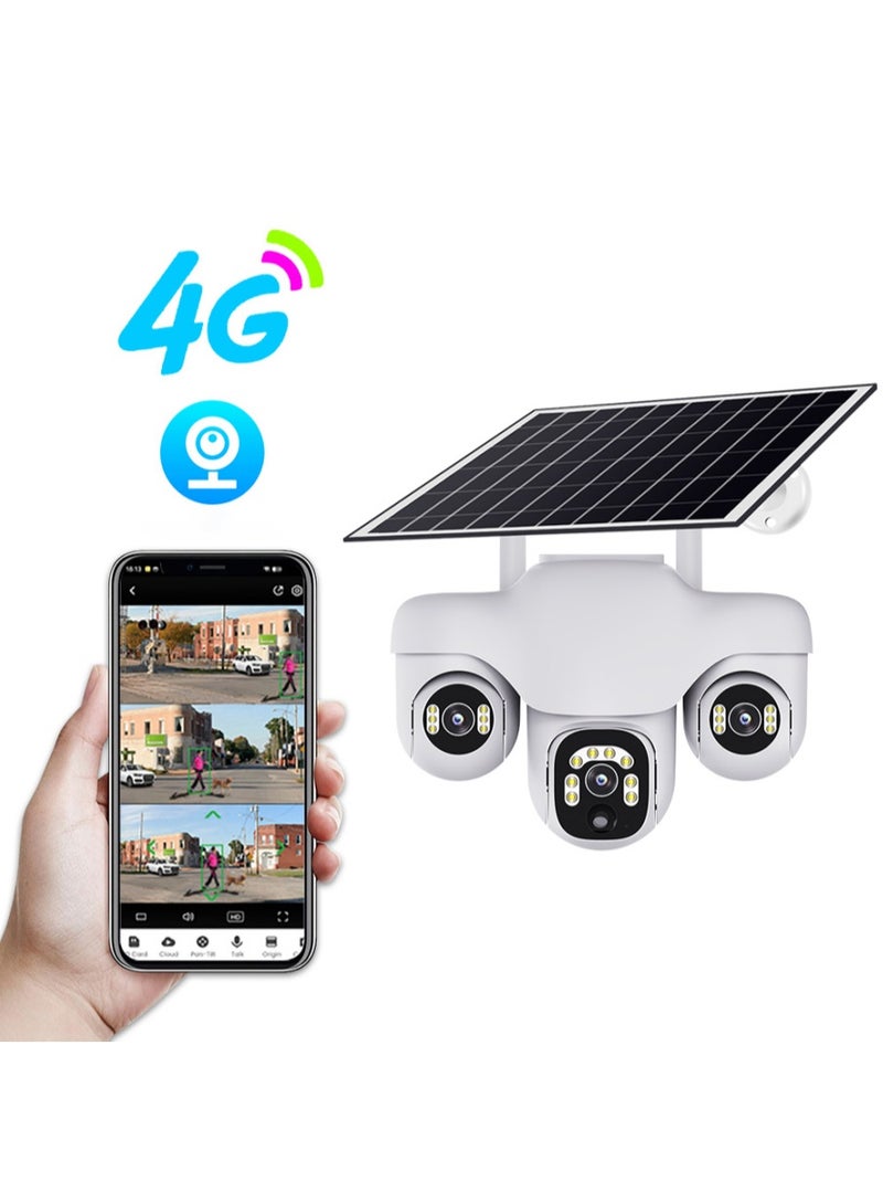 Generic Three PTZ Camera Solar Security Camera 4G Security Camera 4K HD CCTV Battery Three-Eye Three-Screen Outdoor Smart Home Security Surveillance Camera  - Image 1