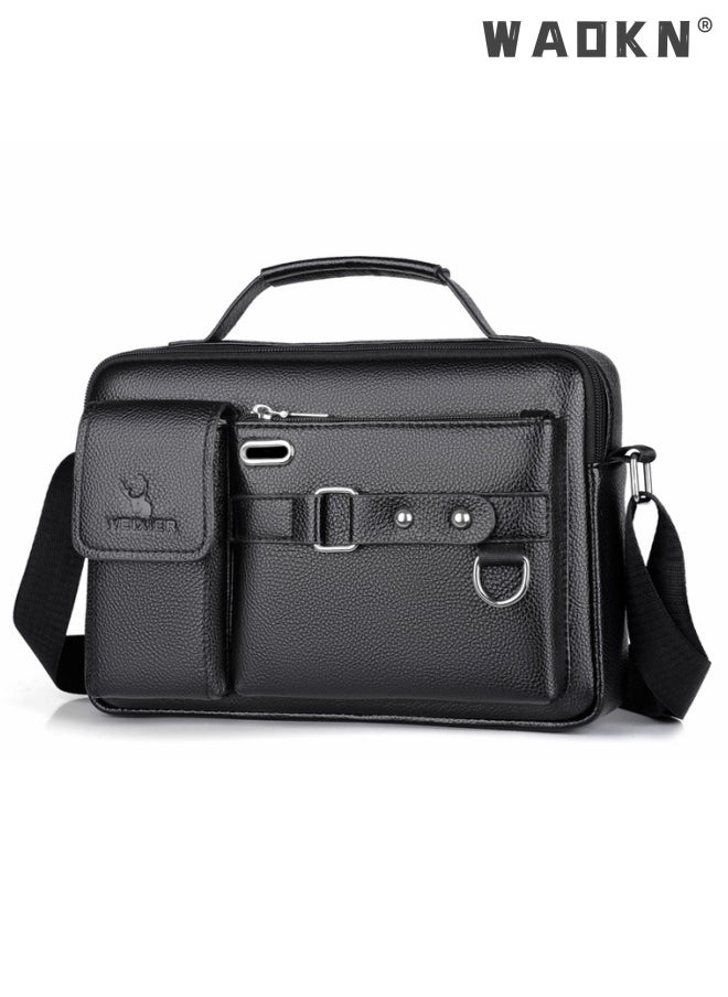 WAOKN Men's Crossbody Shoulder Bag Business Messenger Shoulder Bag PU Leather Retro Chic Handbag Casual Portable Zipper Crossbody/Shoulder Bag Husband Gift for Men Travel Work Office Black  - Image 1