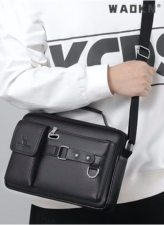 WAOKN Men's Crossbody Shoulder Bag Business Messenger Shoulder Bag PU Leather Retro Chic Handbag Casual Portable Zipper Crossbody/Shoulder Bag Husband Gift for Men Travel Work Office Black  - Image 5