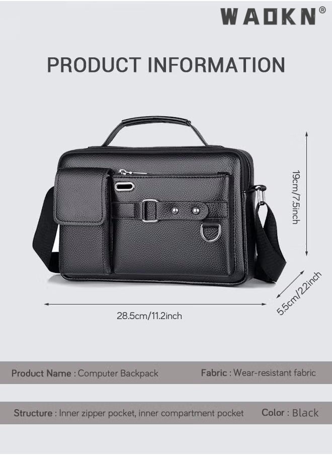 WAOKN Men's Crossbody Shoulder Bag Business Messenger Shoulder Bag PU Leather Retro Chic Handbag Casual Portable Zipper Crossbody/Shoulder Bag Husband Gift for Men Travel Work Office Black  - Image 2
