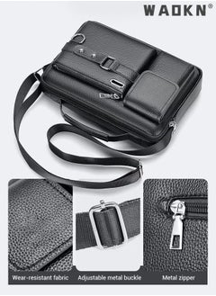 WAOKN Men's Crossbody Shoulder Bag Business Messenger Shoulder Bag PU Leather Retro Chic Handbag Casual Portable Zipper Crossbody/Shoulder Bag Husband Gift for Men Travel Work Office Black  - Image 3