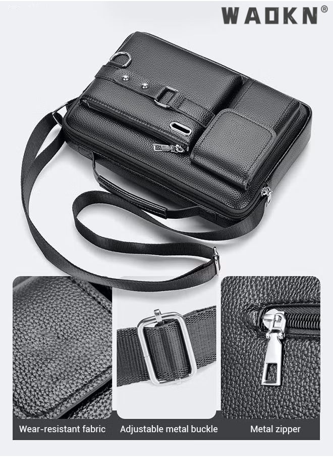 WAOKN Men's Crossbody Shoulder Bag Business Messenger Shoulder Bag PU Leather Retro Chic Handbag Casual Portable Zipper Crossbody/Shoulder Bag Husband Gift for Men Travel Work Office Black  - Image 3