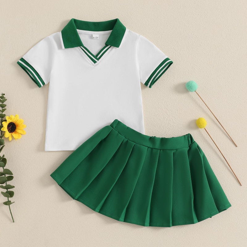 ZAXARRA Toddler Girl Sports Outfit Short Sleeve Lapel Tops Tennis Bow Pattern Mini A Line Skirt Casual Cute 2 Pcs Set (Green, 3-4T) - Image 2