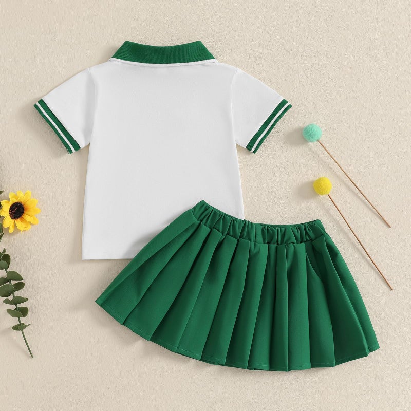 ZAXARRA Toddler Girl Sports Outfit Short Sleeve Lapel Tops Tennis Bow Pattern Mini A Line Skirt Casual Cute 2 Pcs Set (Green, 3-4T) - Image 4