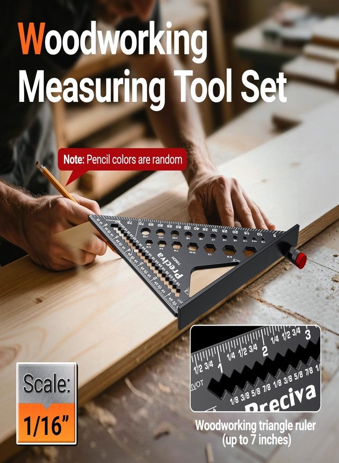 بريسيفا مربع نجار Preciva مقاس 7 بوصات، مربع رافدة دقيق 1/16 بوصة مصنوع من سبائك الألومنيوم مع محدد وقلم رصاص، أداة نجار متعددة الأغراض لقياس تخطيط الأعمال الخشبية والنجارة - Image 2