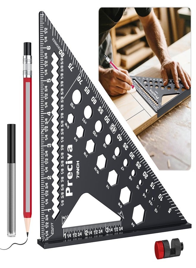 بريسيفا مربع نجار Preciva مقاس 7 بوصات، مربع رافدة دقيق 1/16 بوصة مصنوع من سبائك الألومنيوم مع محدد وقلم رصاص، أداة نجار متعددة الأغراض لقياس تخطيط الأعمال الخشبية والنجارة - Image 1