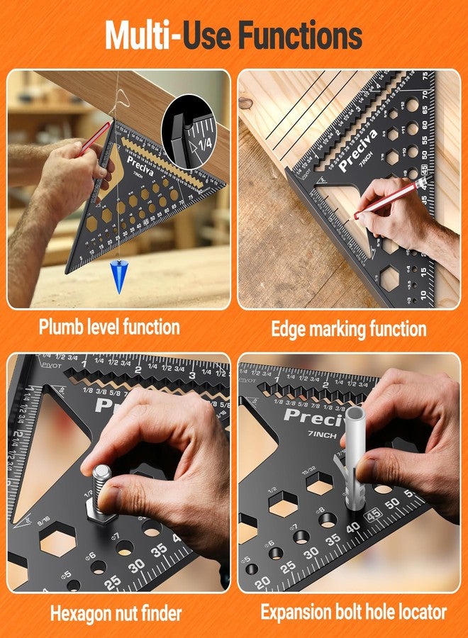 بريسيفا مربع نجار Preciva مقاس 7 بوصات، مربع رافدة دقيق 1/16 بوصة مصنوع من سبائك الألومنيوم مع محدد وقلم رصاص، أداة نجار متعددة الأغراض لقياس تخطيط الأعمال الخشبية والنجارة - Image 5