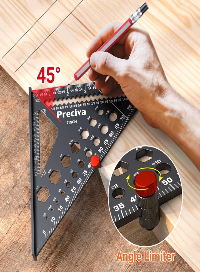 بريسيفا مربع نجار Preciva مقاس 7 بوصات، مربع رافدة دقيق 1/16 بوصة مصنوع من سبائك الألومنيوم مع محدد وقلم رصاص، أداة نجار متعددة الأغراض لقياس تخطيط الأعمال الخشبية والنجارة - Image 4