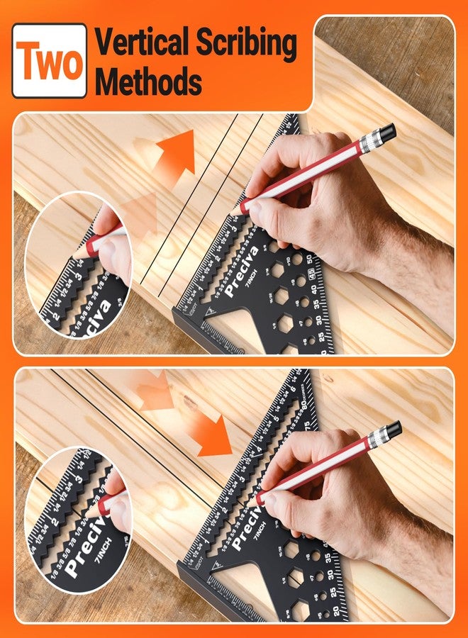بريسيفا مربع نجار Preciva مقاس 7 بوصات، مربع رافدة دقيق 1/16 بوصة مصنوع من سبائك الألومنيوم مع محدد وقلم رصاص، أداة نجار متعددة الأغراض لقياس تخطيط الأعمال الخشبية والنجارة - Image 3
