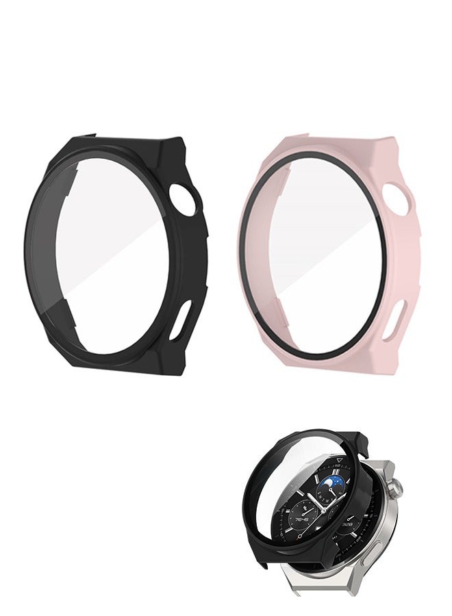 2 Pcs Ultra Thin Fit Cover Case Huawei GT3 Pro 46mm, 360° All Round Protective Anti Scratch Shockproof Hard PC Cover, Tempered Glass Screen Protector Shell (Black+Pink) - Image 1