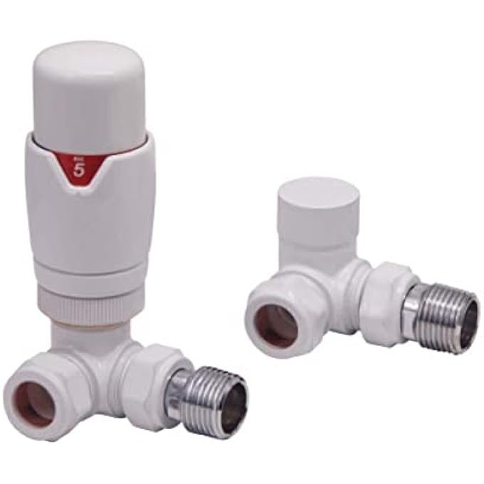 DESIGNER CORNER TRV THERMOSTATIC TOWEL RAIL RADIATOR VALVES 15MM WHITE | ENERGY SAVING | - Image 1