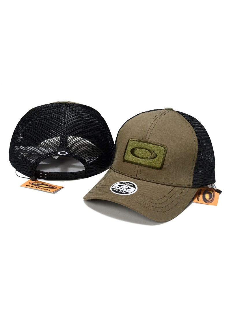 OAKLEY قبعة أوكلي خضراء زيتونية وسوداء بشبكة مع شعار باتش تكتيكي ونظام ضبط مرن