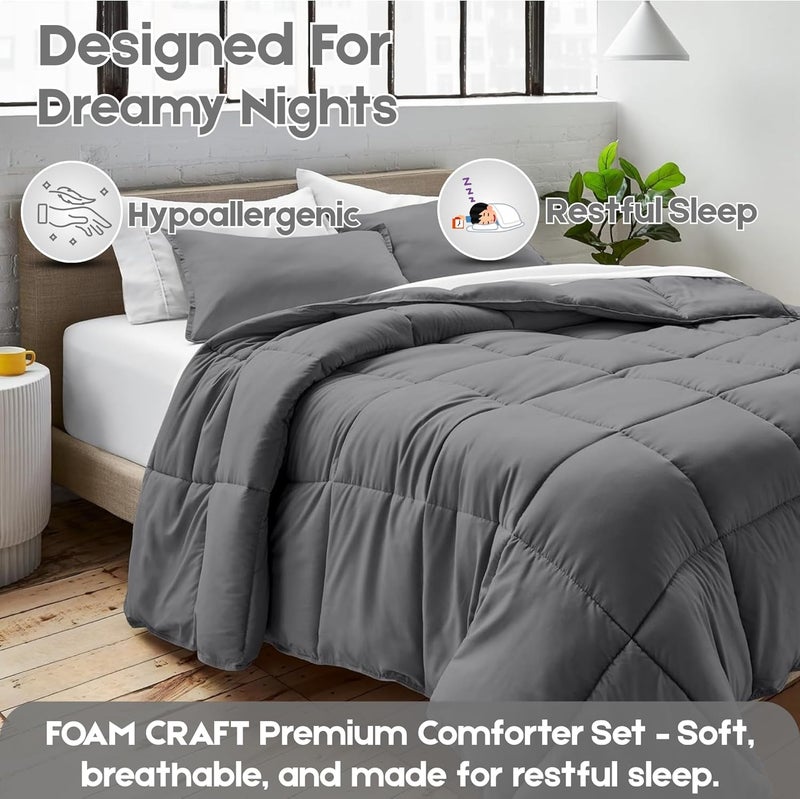 FOAM CRAFT طقم لحاف سرير FOAM CRAFT 3 قطع - لحاف بديل دافئ ومريح مع 2 غطاء وسادة، حجم كامل (رمادي، 200 × 200 سم) - Image 3
