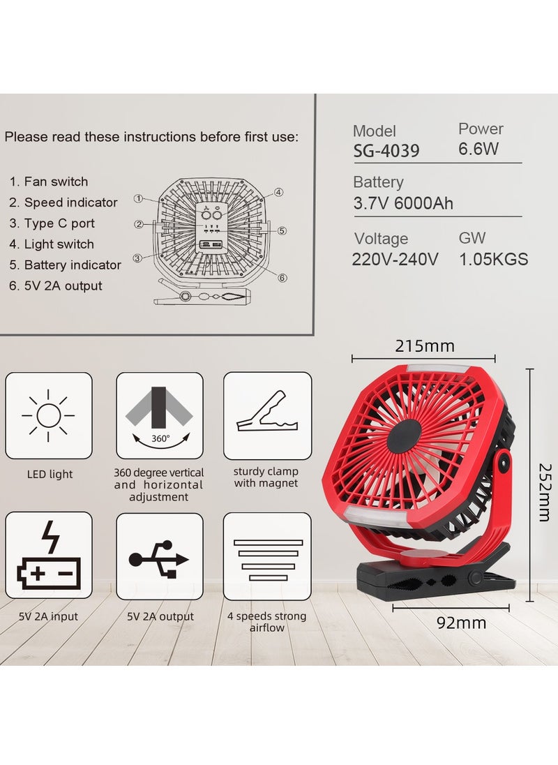Stargold Rechargeable Clip Fan 8 Inch AC/DC With LED Light Red  - Image 3