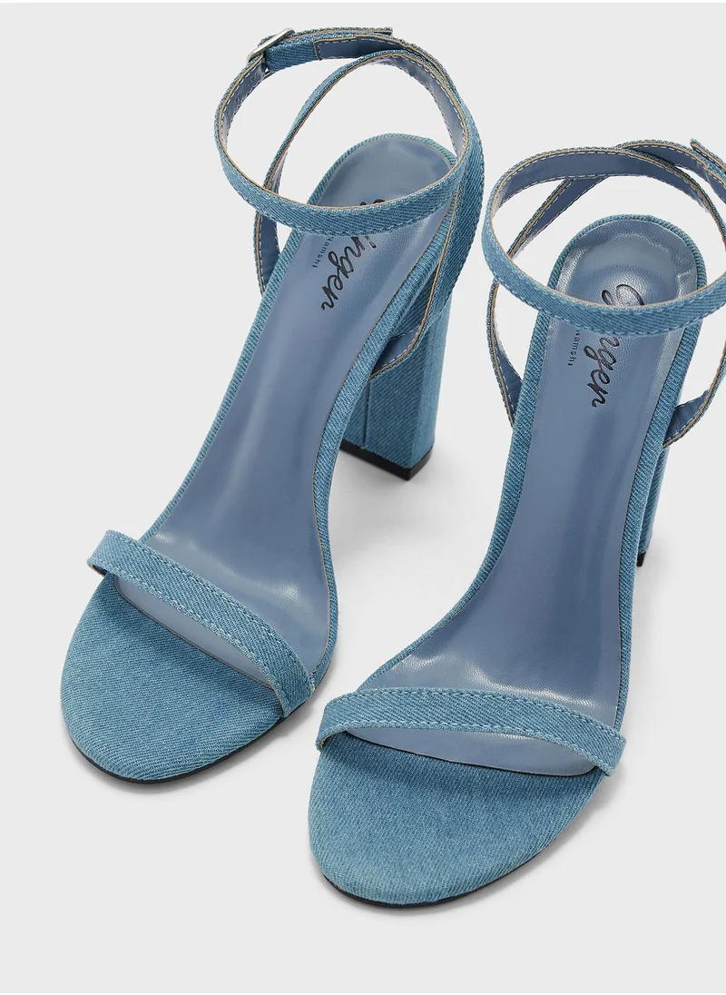 Ginger Denim Ankle Strap Heel Sandals