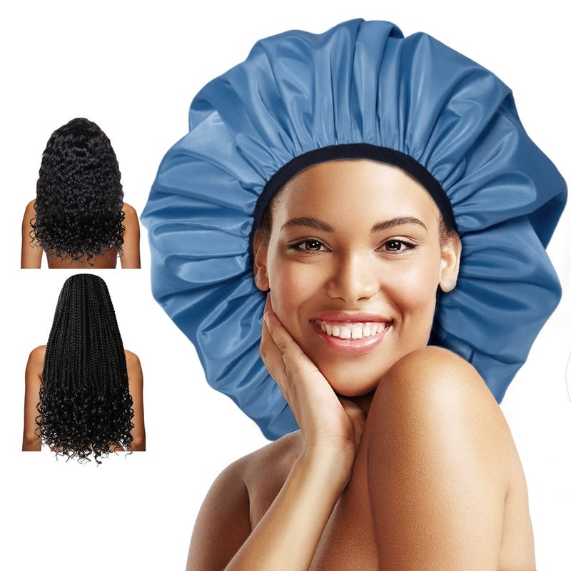Auban Extra Large Shower Cap, Double-Layer Waterproof Reusable Satin Lining XL Shower Bonnet for Women Long Hair, Braids, Locs, perms - Image 1