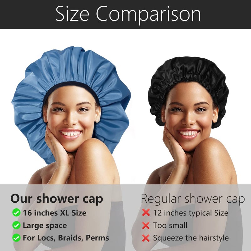 Auban Extra Large Shower Cap, Double-Layer Waterproof Reusable Satin Lining XL Shower Bonnet for Women Long Hair, Braids, Locs, perms - Image 4