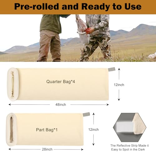 Qiullen 5Pack Cotton Game Bags for Hunting Breathable Meat Storage Bags for Elk Deer Caribou Moose Reusable Washable with Reflective Strips Ropes 4x48 1x28 - Image 3